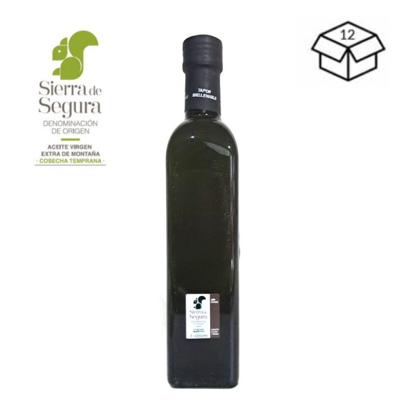 Aceite de oliva virgen extra Hacienda Los Poyos en La Puerta de Segura. Olivar de montaña con Denominación Sierra de Segura variedad picual botella 500m Recolección Temprana